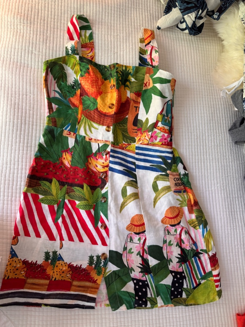 FARM Rio Tropical Market Print Mini Dress - White, Green, Red, Yellow